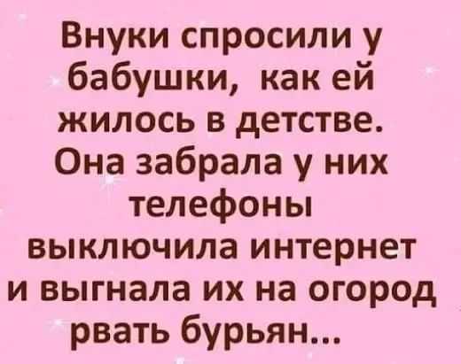 Внуки спросили у бабушки как ей жилось в детстве Она забрала у них телефоны выключила интернет и выгнала их на огород рвать бурьян