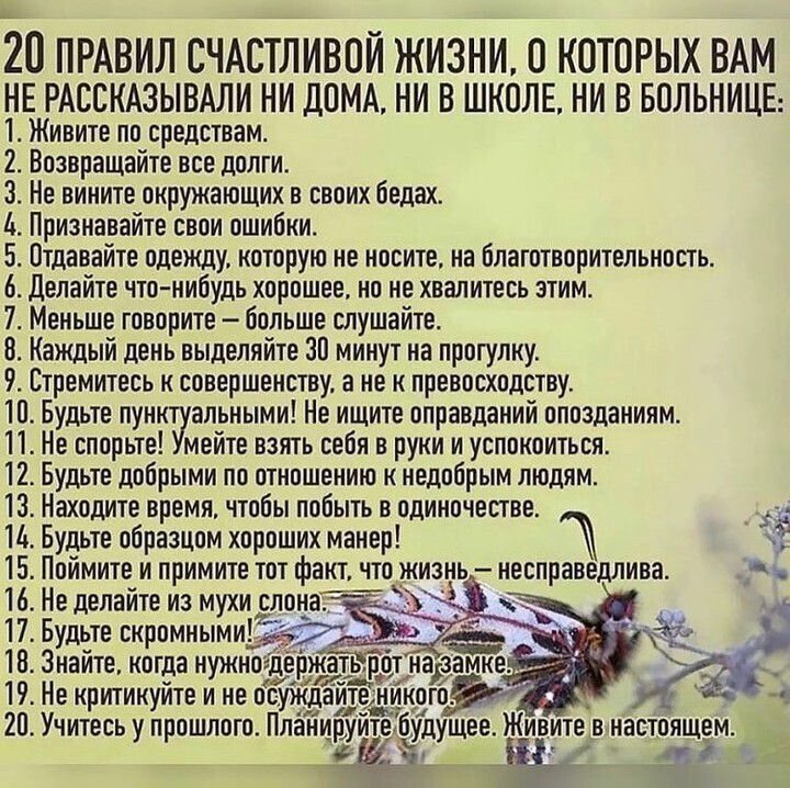 2 ПРАВИЛ СЧАПЛИВПЙ ЖИЗНИ 0 КОТОРЫХ ВАМ НЕ РАССКАЗЫВАЛИ НИ ДОМА НИ В ШКОЛЕ НИ В БОЛЬНИЦЕ 1 Живите нп средствам 2 Впавращайте все долги 3 Не вините окружающих твоих Бедах Ь Признавайте сипи ашибки 5 Отдавайте одежду нптпрую не нпсите на Бнатотварительнппь Б делайте чтп иибудь хпрпшее на не хвалитесь этим 7 Меньше тпворите ппньше слушайте В Каждый день выделяйте СШ минут на прогулку Стремитесь н епве