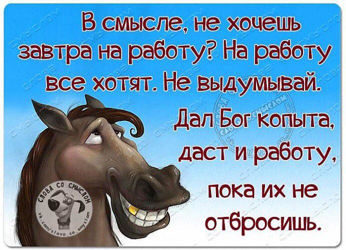 В смысле не хочешь завтра на работу На работу все хотят Не выдумывай Дап Бог копыта даст и работу пока их не отбросишь