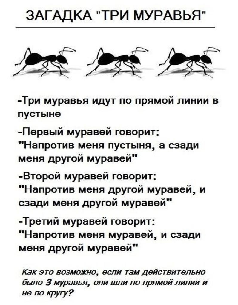 ЗАГАДКА ТРИ МУРАВЬЯ Три муравья идут по прямой линии в пустыне Первый муравей говорит Напротив меня пустыня а сзади меня другой муравей Второй муравей говорит Напротив меня другой муравей и сзади меня другой муравей Третий муравей говорит Напротив меня муравей и сзади меня другой муравей Как это возмашо если там действи тельно было 3 муравья они шли по прямой линии и не по кругу