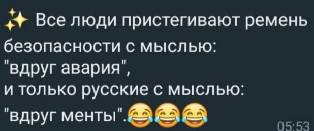 Все люди пристегивают ремень безопасности с мыслью вдруг авария и только русские мыслью вдруг менты пз 53