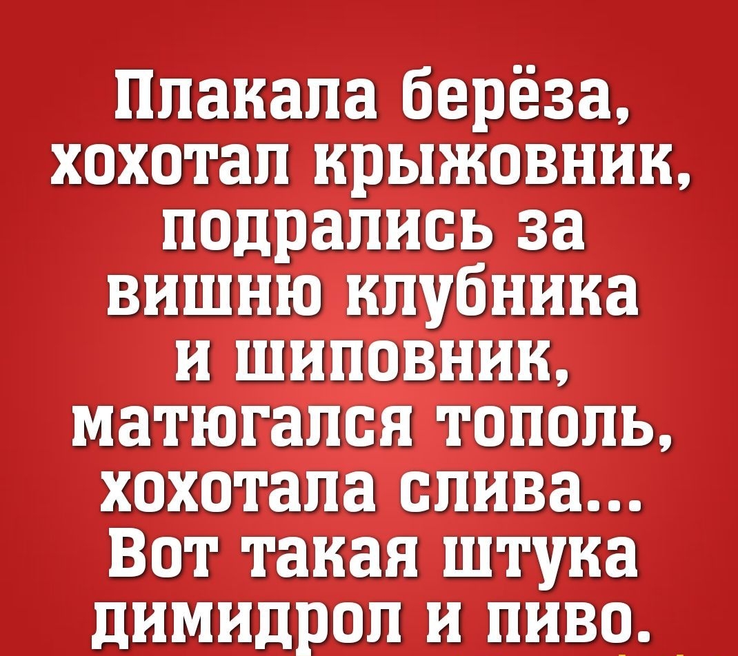 Плакала берёза хохотал крыжовник подрались за вишню клубника и шиповник матюгался тополь хохотала слива Вот такая штука димидрол и пиво _