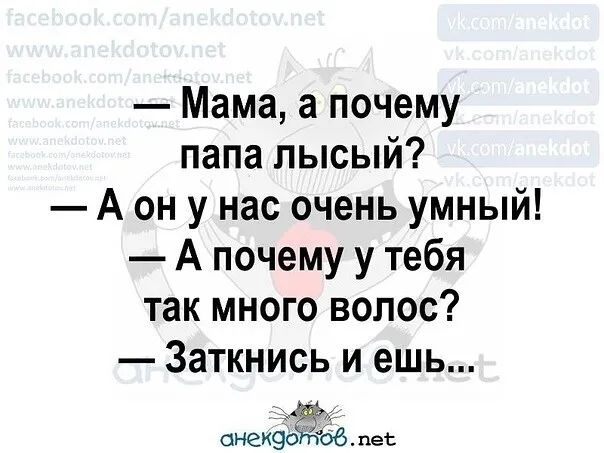 Мама а почему папа лысый А он у нас очень умный А почему у тебя так много волос Заткнись и ешь