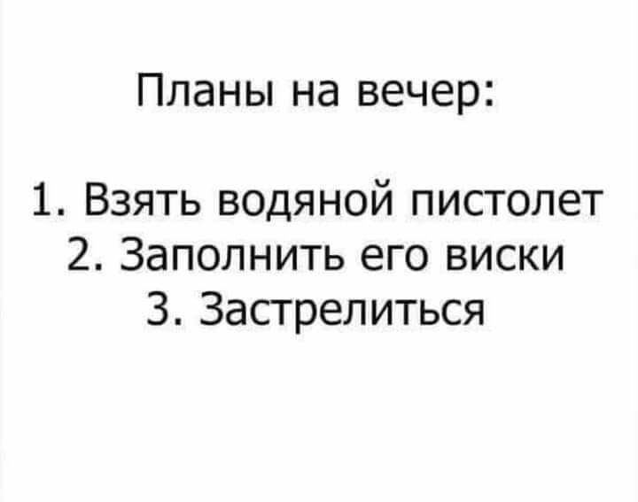 планы на вечер 1 Взять водяной пистолет 2 Заполнить его виски 3 Застрелиться