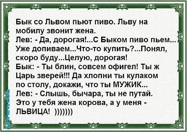 Бык со Львом пьют пиво Льву на мобилу звонит жена Лев да дорогаяс Быком пиво пьем Уже допиваемЧто то купитьПоняп скоро будуЦепую дорогая Бык Ты блин совсем офигел Ты ж Царь зверей да хпопни ты кулаком по столу докажи что ты МУЖИК Лев Слышь бычара ты не путай Это у тебя жена корова а у меня ПЬВИЦА т