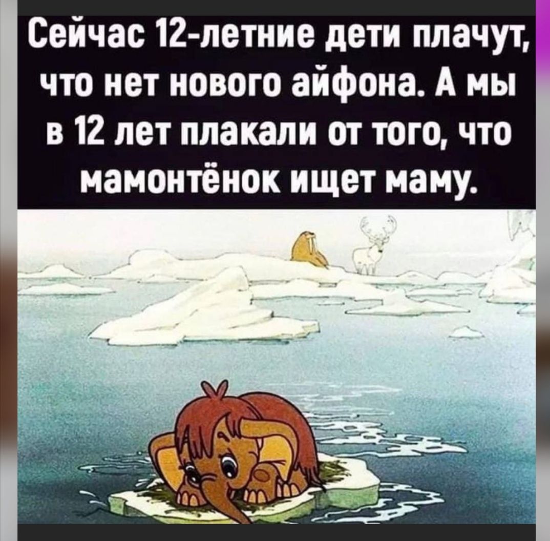 Сейчас 12 летние дети плачут что нет нового айфона А мы в 12 лет плакали от того что мамонтёнок ищет маму