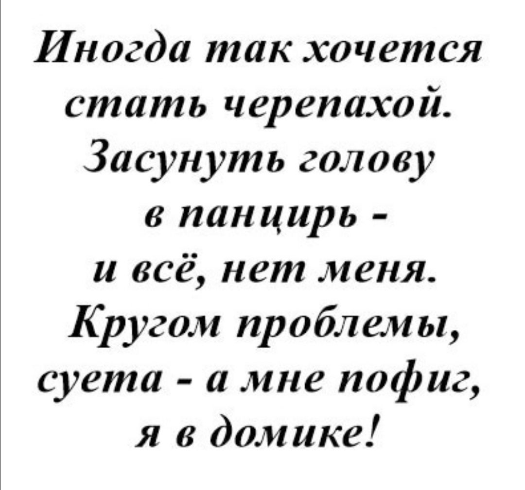 Иногда так хочется стать черепахой Засунуть голову в панцирь и всё нет меня Кругом проблемы суета а мне пофиг я в домике