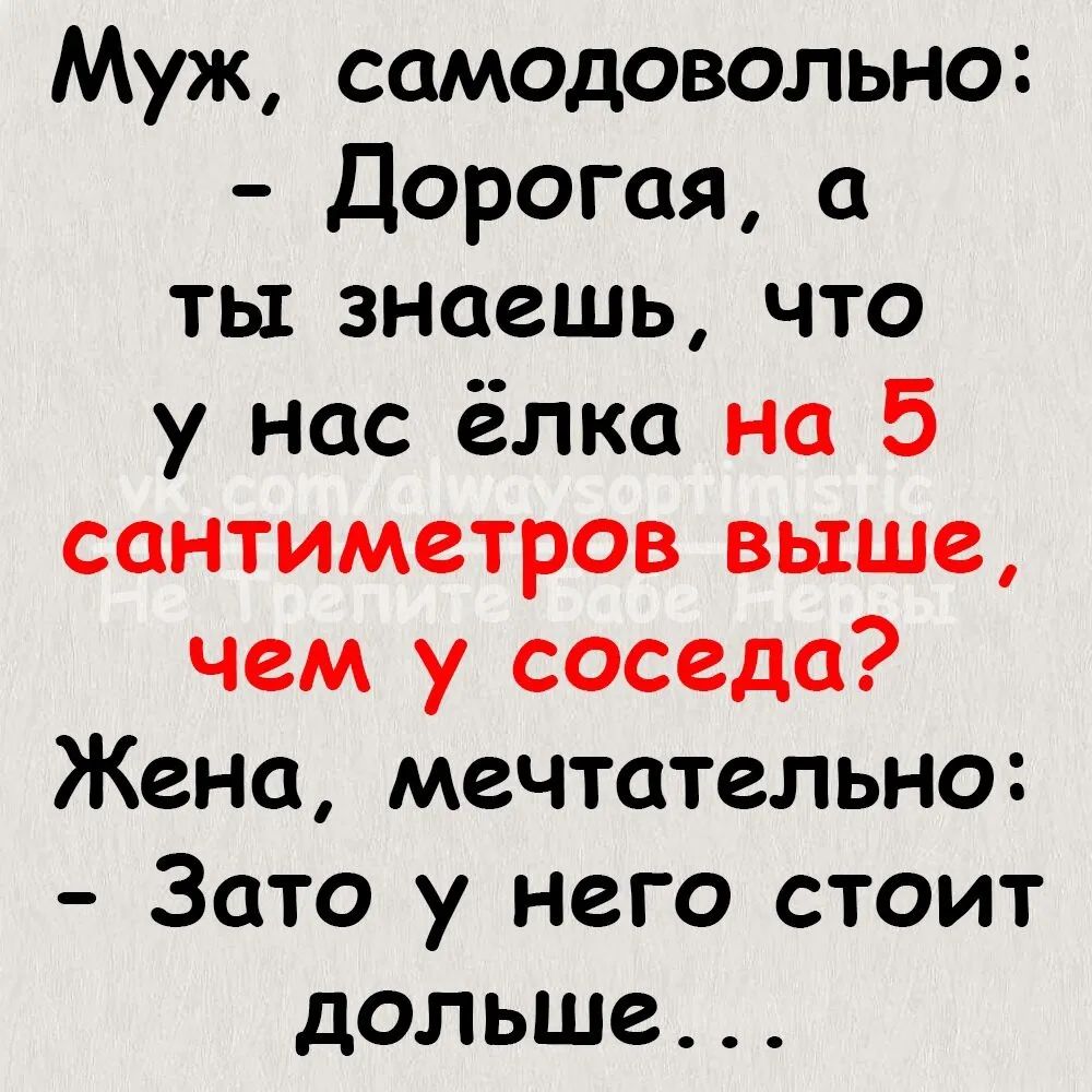 Муж саМОДоволы іо Дорогая а ты знаешь что у нас ёлка на 5 сантиметров выше чем у соседа Жена мечтательно Зато у него стоит дольше