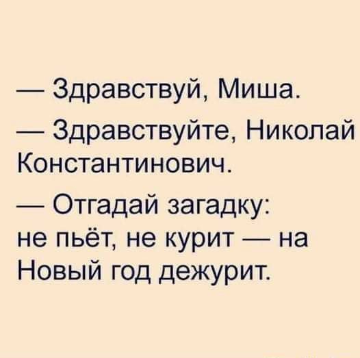 Здравствуй Миша Здравствуйте Николай Константинович Отгадай загадку не пьёт не курит на Новый год дежурит