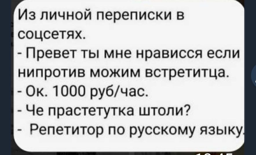 Из личной переписки в соцсетях Превет ты мне нрависся если нипротив можим встретитца Ок 1000 рубчас Че прастетутка штоли Репетитор по русскому языку