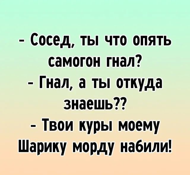 Сосед ты что опять самогон гнал Гнал а ты откуда знаешь Твои куры моему Шарику морду набили