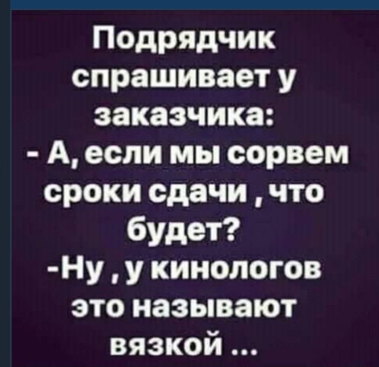 Подрядчик спрашивает у заказчика А если мы оорвем сроки сдачи что будет Ну у кинологов это называют вязкой