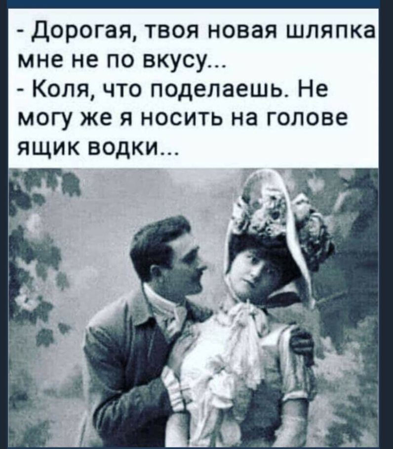Дорогая твоя новая шляпка мне не по вкусу Коля что поделаешь Не могу же я носить на голове ящик водки