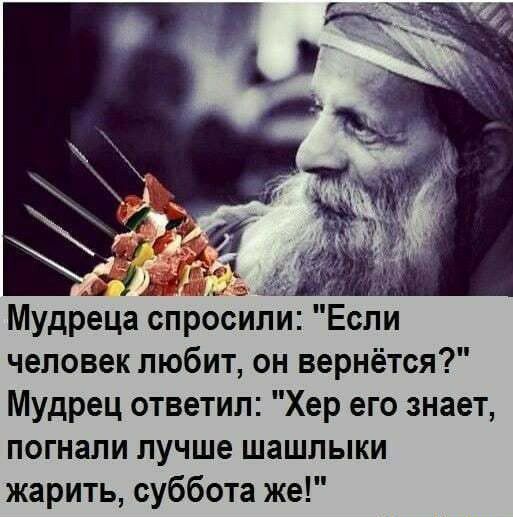 Мудреца спросили Если человек любит он вернётся Мудрец ответил Хер его знает погнали лучше шашлыки жарить суббота же