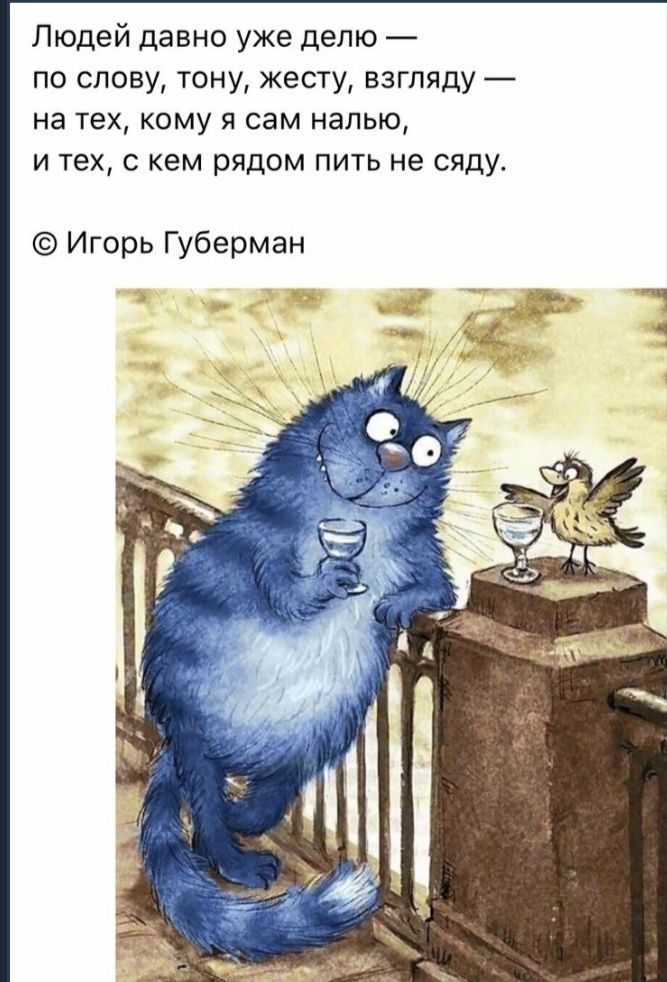 Людей давно уже делю по слову тону жесту взгляду на тех кому я сам налью и тех с кем рядом пить не сяду Игорь Губерман