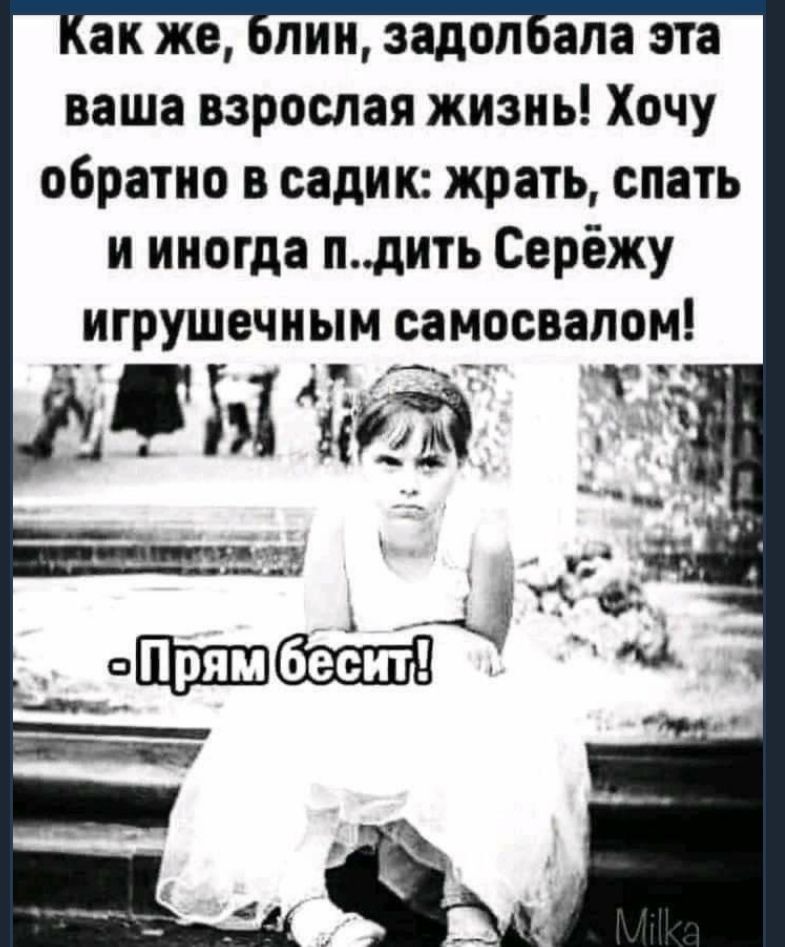 Ак же, блин, задолбала эта ваша взрослая жизнь! Хочу обратно в садик: жрать, спать и иногда п..дить серёжу игрушечным самосвалом! Аыка  э