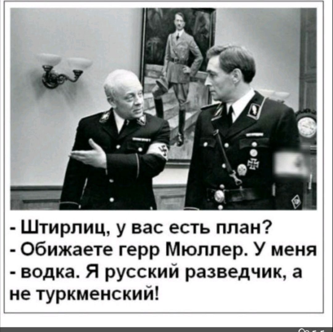Штирлиц у вас есть план Обижаете герр Мюллер У меня водка Я русский разведчик а не туркменский