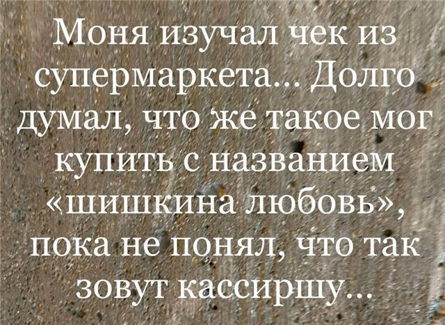 Моня изучал Чёк Из супермаркета Долго думал что же таКое мог _купИтИ с названием шишкина любовь пока не понял что так зоИут кассиршу