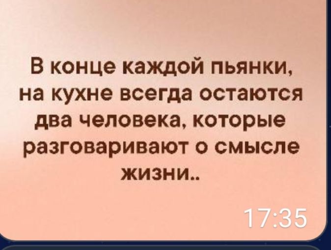 В конце каждой пьянки на кухне всегда остаются два человека которые разговаривают о смысле жизни