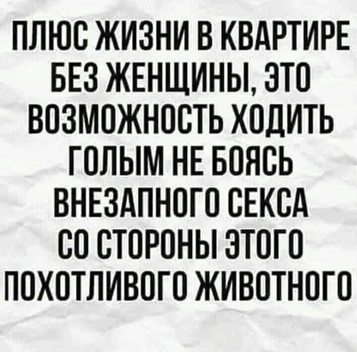 ПЛЮС ЖИЗНИ В КВАРТИРЕ БЕЗ ЖЕНЩИНЫ ЭТО ВОЗМОЖНОСТЬ ХОДИТЬ ГОЛЫМ НЕ БОЯСЬ ВНЕЗАПНОГО СЕКСА СО СТОРОНЫ ЭТОГО ПОХОТЛИВОГО ЖИВОТНОГО