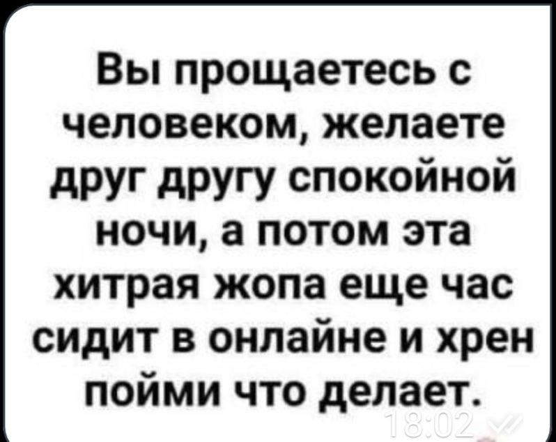 Вы прощаетесь человеком желаете друг другу спокойной ночи а потом эта хитрая жопа еще час сидит в онлайне и хрен пойми что делает