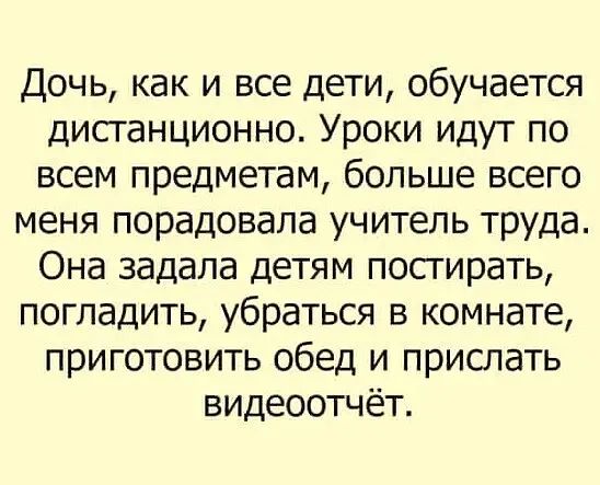 Дочь как и все дети обучается дистанционно Уроки идут по всем предметам больше всего меня порадовала учитель труда Она задала детям постирать погладить убраться в комнате приготовить обед и прислать видеоотчёт