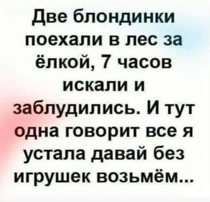 Две блондинки поехали в лес за ёлкой 7 часов искали и заблудились И тут одна говорит все я устала давай без игрушек возьмём