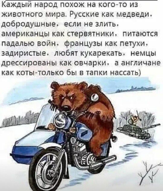 Каждый народ похож на кого то из животного мира Русские как медведи добродушные если не зпитъ американцы как стервятники Питаются педалью войн французы как петухи задиристые любят кукарекать немцы дрессированы как овчарки а англичане как коты только бы в тапки нассать