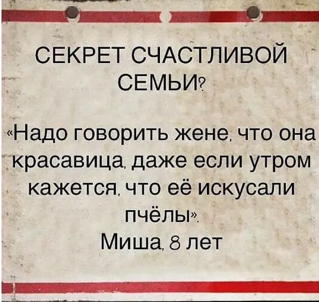7 _ і СЕКРЕТ СЧАСТЛИВОЙ СЕМЬИ Надо говорить жене что она красавица даже если утром кажется что её искусали пчёлы Миша 8 лет