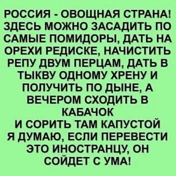 россия овощнм СТРАНА здЕсь можно ЗАСАДИТЬ по САМЫЕ помидоры дАть НА ОРЕХИ РЕДИСКЕ НАЧИСТИТЬ РЕПУ двум ПЕРЦАМ дАть в тыкву одному ХРЕНУ и получить по дЫНЕ А ВЕЧЕРОМ сходить в КАБАЧОК _ и сорить ТАМ КАПУСТОИ я дУМАЮ Если ПЕРЕВЕСТИ это иностмнцж он СОЙДЕТ с УМА