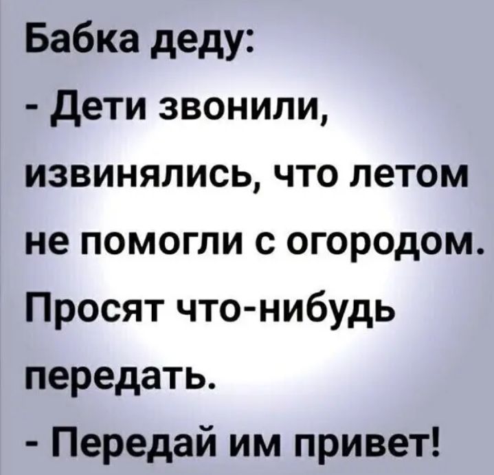 Бабка деду Дети звонили извинялись что летом не помогли с огородом Просят что нибудь передать Передай им привет