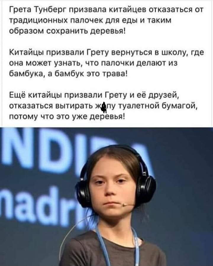 Грета Тунберг призвала китайцев отказаться от традиционных папочек для еды и таким образом сохранит деревья Китайцы призвали Грету вернуться в школу где она может узнать что папочки делают из бамбука а бамбук это трава Еще китайцы призвали Грету и её друзей отказаться вытирать Чпу туалетной бумагой потому что это уже деревья