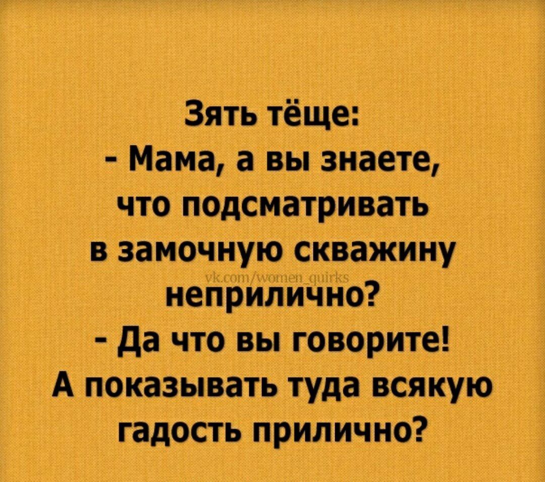 Зять тёще Мама а вы знаете что подснатривать в замочную скважину неНБйіійнно да что вытоворнте Апоказывать туда всякую гадость прилично