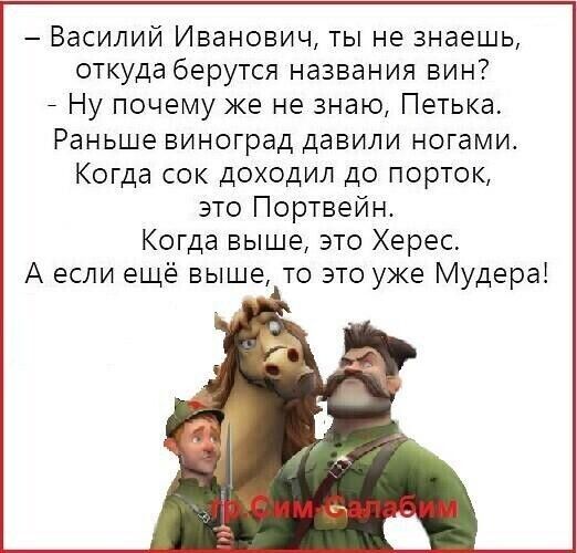 Василий Иванович ты не знаешь откуда берутся названия вин _ Ну почему же не знаю Петька Раньше виноград давили ногами Когда сок доходил до порток это Портвейн Когда выше это Херес А если ещё выше то это уже Мудера