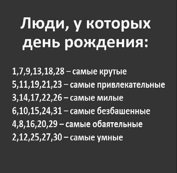 Люди у которых день рождения 1791З1828 самые крутые 51119212З самые привлекательные 314172226 самые милые 610152431 самые безбашенные 48162029 самые обаятельные 212252730 самые умные