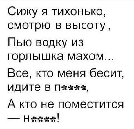 Сижу я тихонько смотрю в высоту Пью водку из горлышка махом Все кто меня бесит идите в П А кто не поместится Ним