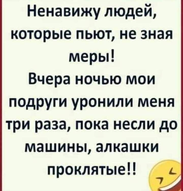 Ненавижу людей которые пьют не зная меры Вчера ночью мои подруги уронили меня три раза пока несли до машины алкашки проклятые