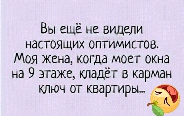 Вы ещё не видели настоящих оптимистов Моя жена когда моет окна на 9 этаже кладёт в карман ключ от квартиры а