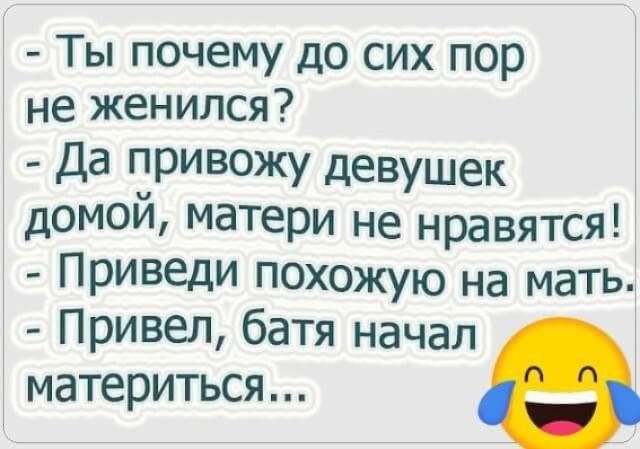 Ты почему до сих пор не женился Да привожу девушек домой матери не нравятся приведи похожую на мать Привел батя начал материться