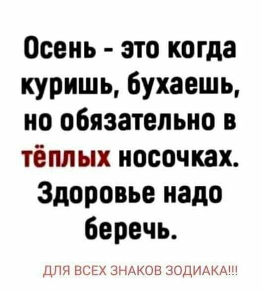 Осень это когда куришь 6ухаешь но обязательно в тёплых носочках Здоровье надо беречь ДЛЯ ВСЕХ ЗНАКОВ ЗОДИАКА
