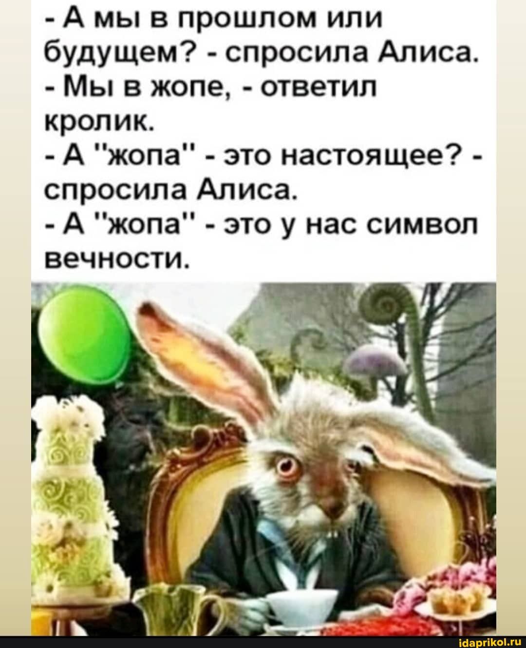 А мы в прошлом или будущем спросила Алиса Мы в жопе ответил кролик А жопа это настоящее спросила Алиса А жопа это у нас символ вечности