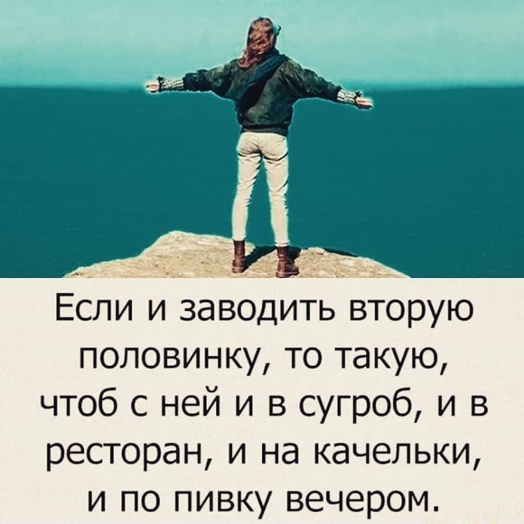 Если и заводить вторую половинку то такую чтоб с ней и в сугроб и в ресторан и на качельки и по пивку вечером