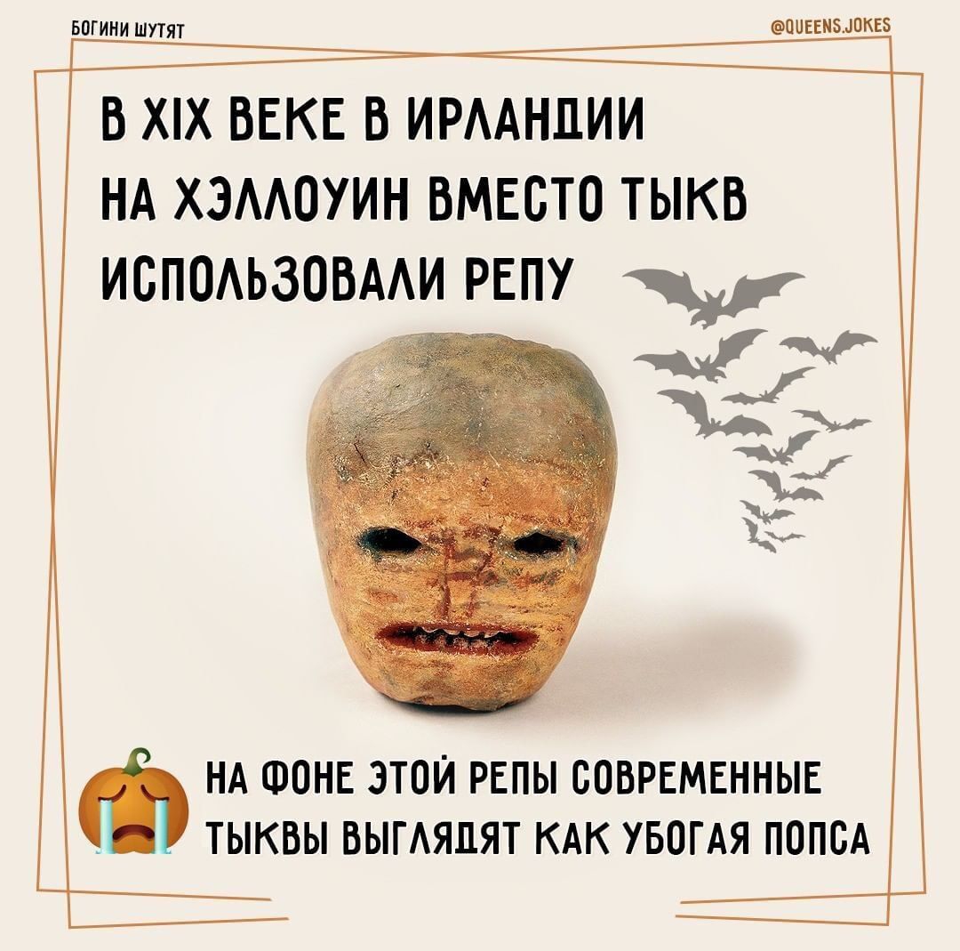 БОГИНИ ШУТЯТ ООЕЕНОКЕ в хпх веке в ирмнпии НА хзмоуин вместо тыкв ИОПОАЬЗОВААИ репу 12 _ И 2 а Ф НА ФОНЕ ЭТОЙ РЕПЫ СОВРЕМЕННЫЕ _ ТЫКВЫ ВЫГАЯПЯТ КАК УБОГАЯ ПОПОА