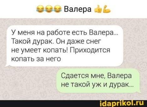 О Валера Б У меня на работе есть Валера Такой дурак Он даже снег не умеет копать Приходится копать за него Сдается мне Валера не такой уж и дурак