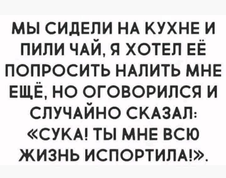 мы сидели НА кухне и пили ЧАЙ я хотел ЕЁ попросить НАлить МНЕ ЕЩЁ но оговорился и СЛУЧАЙНО СКАЗАЛ СУКА ты МНЕ всю жизнь испортилм