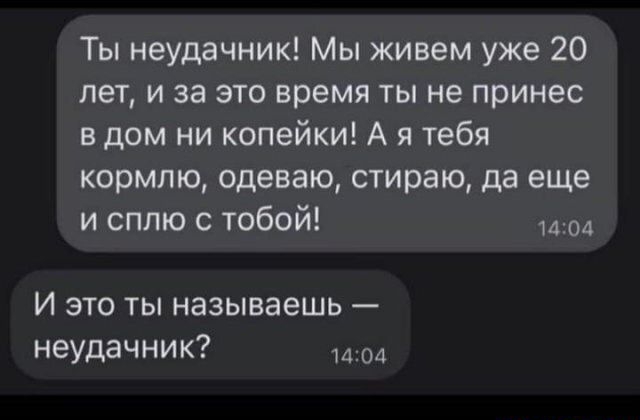 Ты неудачник Мы живем уже 20 лет и за это время ты не принес в дом ни копейки А я тебя кормлю одеваю стираю да еще и сплю с тобой И это ты называешь неудачник 1404