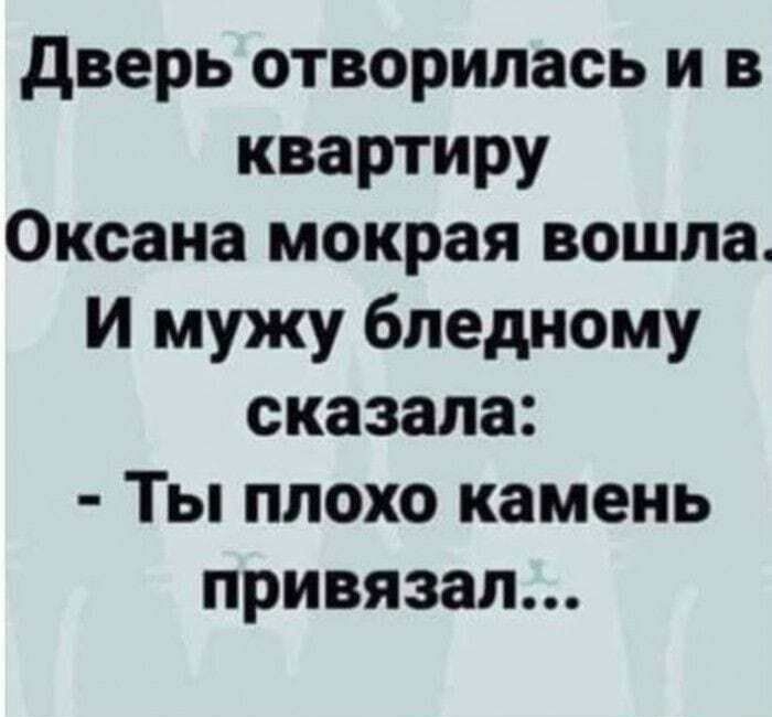 дверь отворилась и в квартиру Оксана мокрая вошла И мужу бледному сказала Ты плохо камень привязал