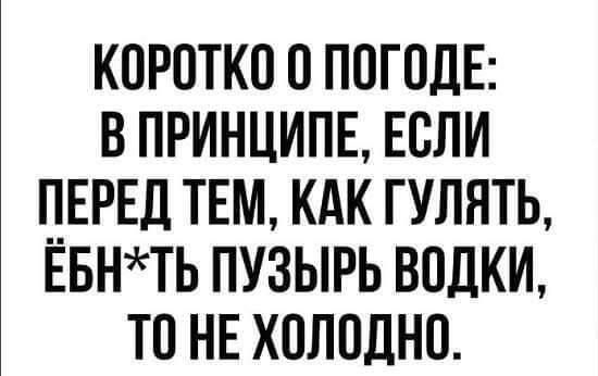 КОРОТКО О ПОГОДЕ В ПРИНЦИПЕ ЕОЛИ ПЕРЕД ТЕМ КАК ГУЛЯТЬ ЕБНТЬ ПУЗЫРЬ ВОДКИ ТО НЕ ХОЛОДНО