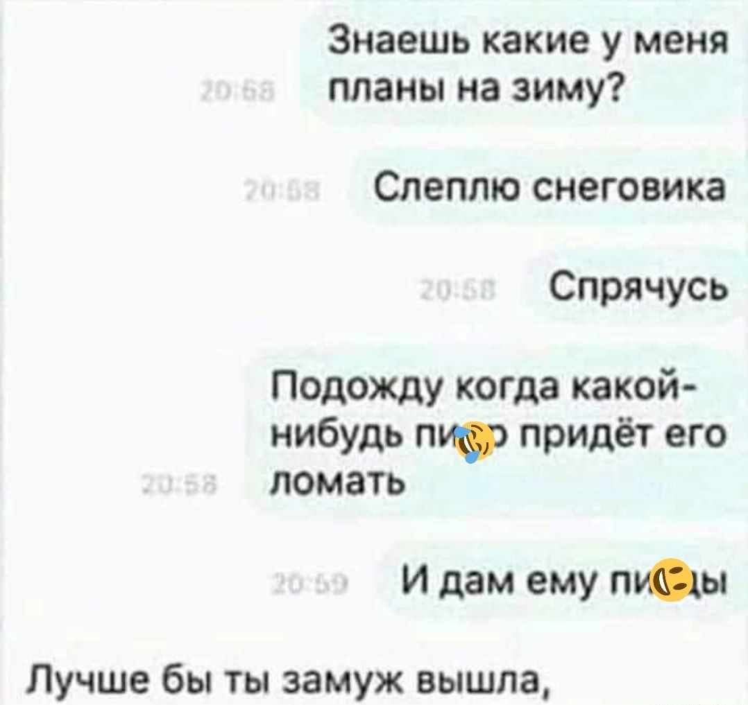 Знаешь какие у меня планы на зиму Слепто снеговика Спрячусь Подожду когда какой нибудь пис придёт его ломать И дам ему лисы Лучше бы ты замуж вышла