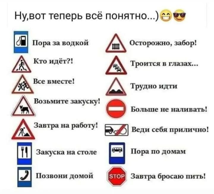 Нувот теперь всё понятное Пора за водкой Осторояшо забор Кто идёт А Троится в глазах Все вместе Трудно идти Возычште закуску Больше не наливать Завтра на работу Веди себя прилично Ш Закуска на столе Пора по домам Позвони домой Завтра бросаю пить